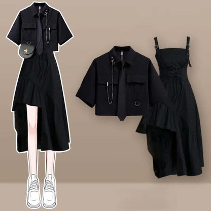 Black Pocket Lapel Tie T-Shirt Irregular Slip Dress Set W710