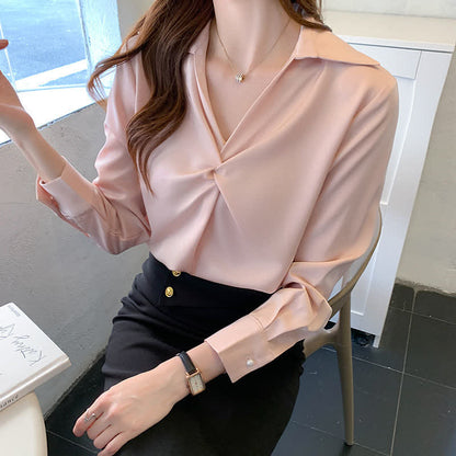 Elegant Pure Color Ruffled Satin Shirt Workwear