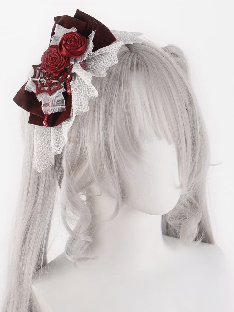 Spider Web White and Red Rosettes Big Bow Hairclip