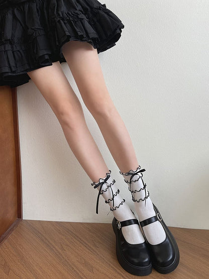 White Trims Tiered Socks Black Calf Bowknot With Ruffle