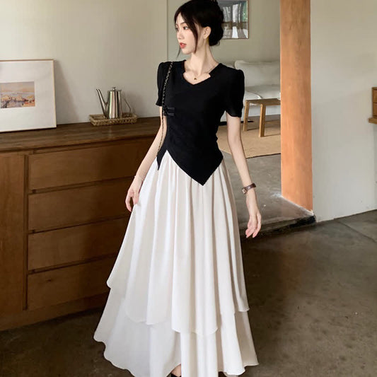 Elegant Buckle Irregular T-Shirt Layered Midi Skirt Set