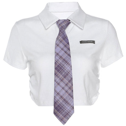 White Tie Polo Collar Cotton Slim Shirt