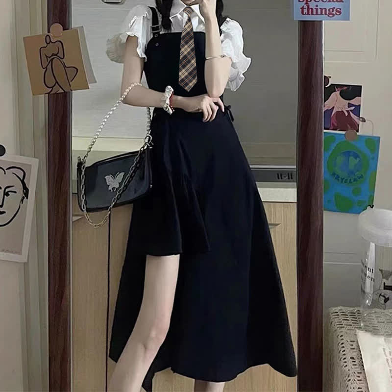 JK Flouncing Sleeve Tie Polo T-Shirt Irregular Lace Up Suspender Dress