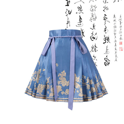 Vintage Buckle Shirt Blue Lace-up Pleated Skirt