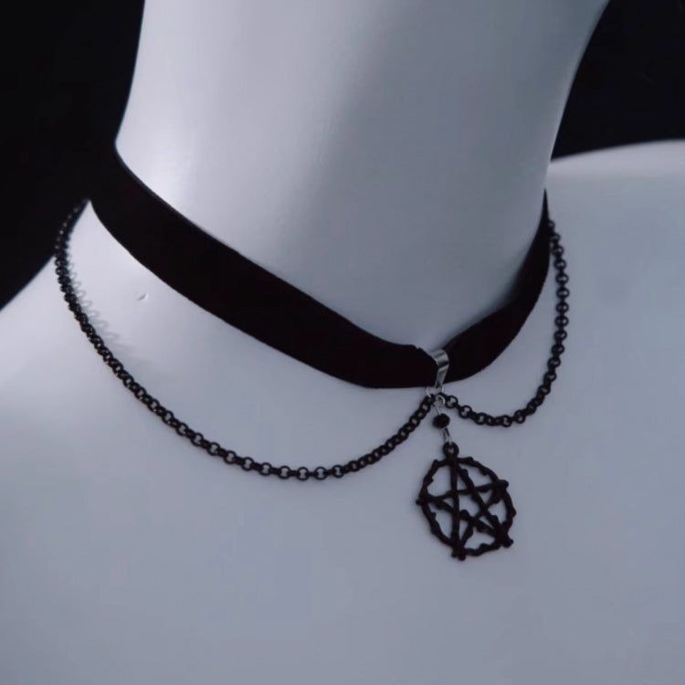 Gothic Pentagram Black Velvet Choker with Chains