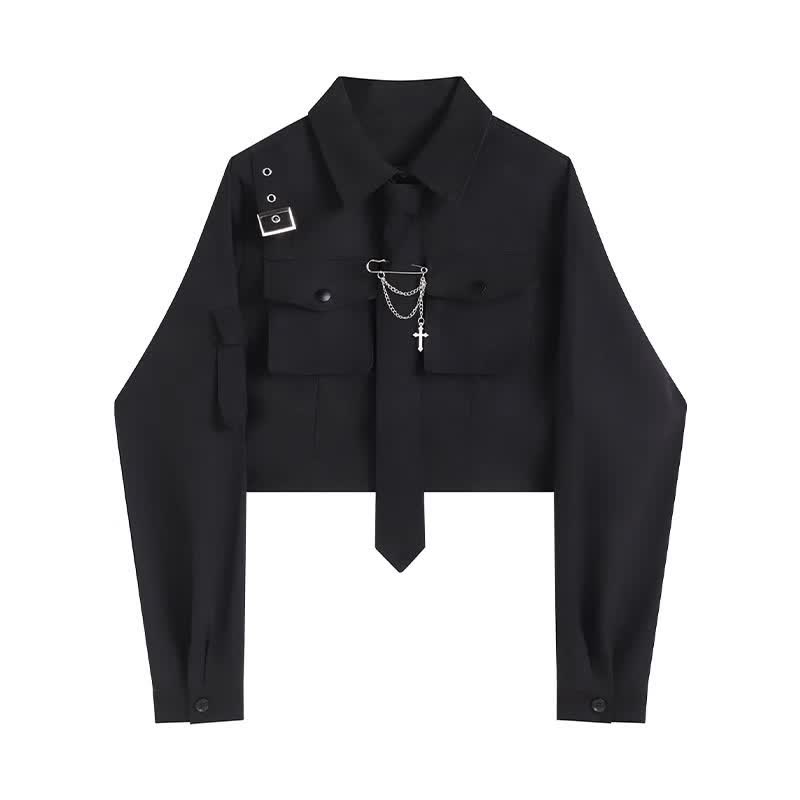 Cool Black Pocket Shirt Pleated Skirt Tie Set