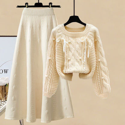 Pills Decor Cable Knit Sweater Skirt Set