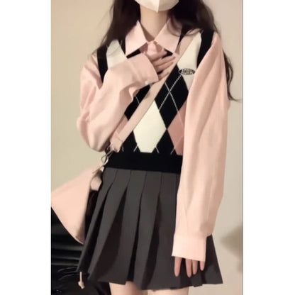 Pink Rhombus Print Vest Long Sleeve Shirt Pleated Skirt