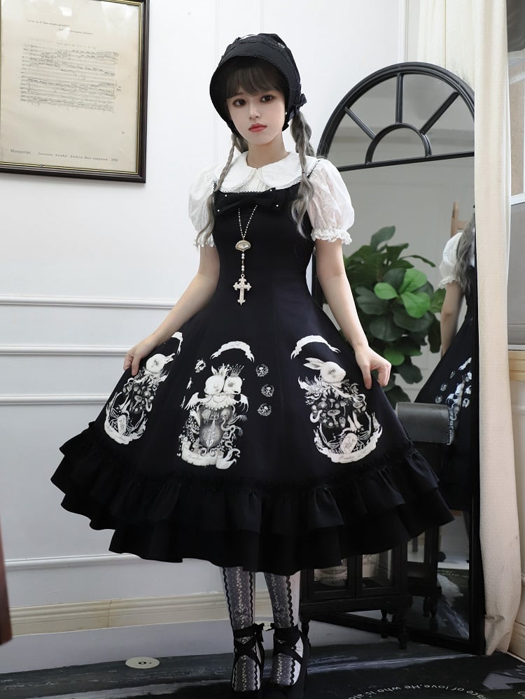 Bunny Gothic Dress Print Slim Fit Dark Waist Black Lolita