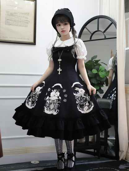 Bunny Gothic Dress Print Slim Fit Dark Waist Black Lolita
