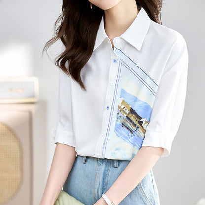 White Irregular Painting Print Chiffon Lapel Shirt