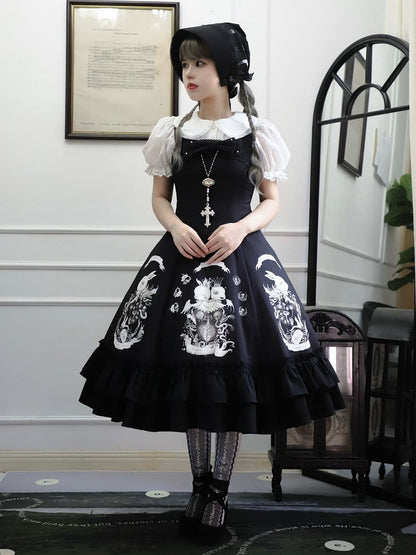 Bunny Gothic Dress Print Slim Fit Dark Waist Black Lolita