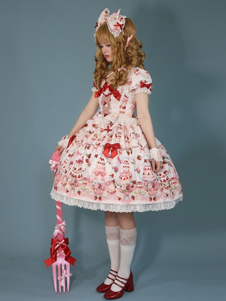 White Strawberry / Accents Sweet Set Dress Full Cake Print Lolita Bow