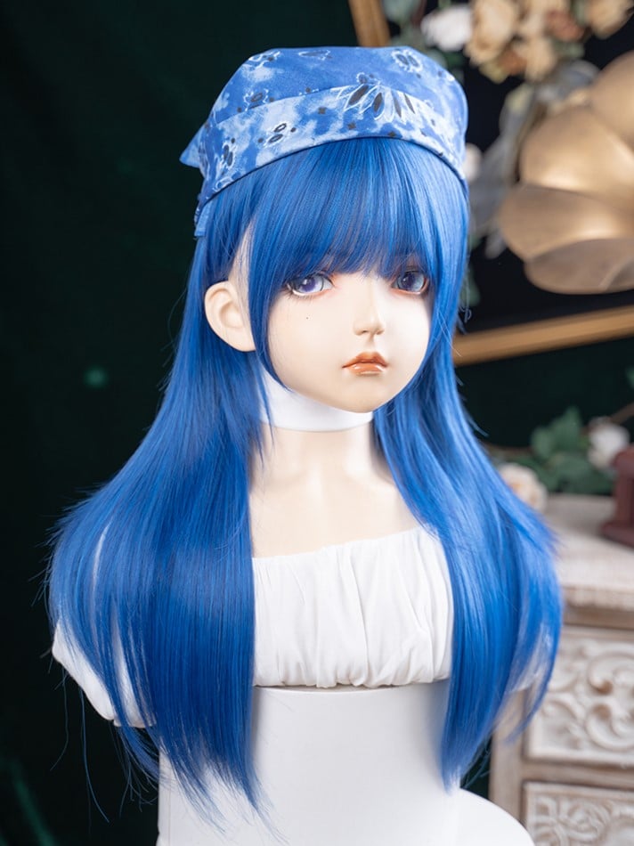Bangs 63CM Straight Blue With Wig Length Full