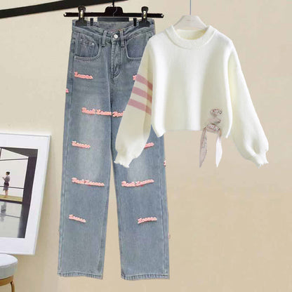 Sweet Stripe Sleeve Sweater Letter Casual Denim Pants