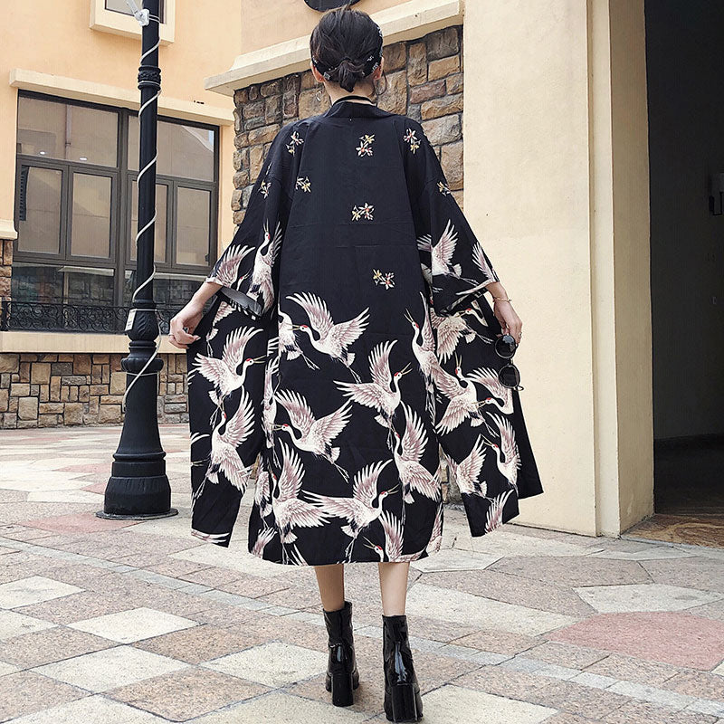 Vintage Black Crane Long Cardigan Kimono Outerwear