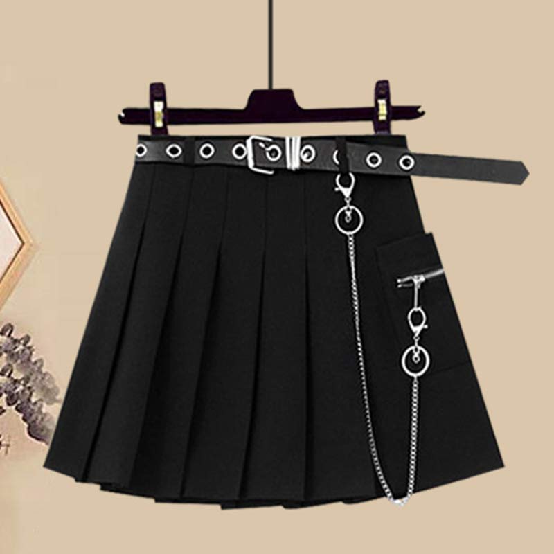 Casual T-Shirt Belted Chain Pleated Skirt Set