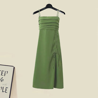 Green Crop Cardigan Sweater Drawstring Split Slip Dress