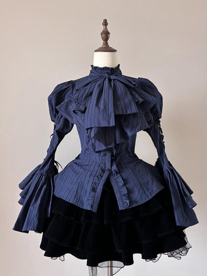 Blue Collar Layered Bell Sleeves Lolita Striped Shirt