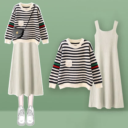 Stripe Colorblock Knit Sweater Slip Dress Set