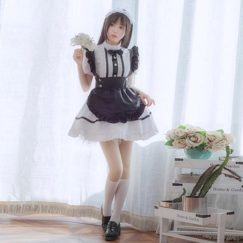 Kawaii Cosplay Lolita Maid Costume Dress Ruffle White Black