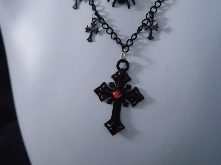 Spider Cross Pendant Black Triple Layered Necklace