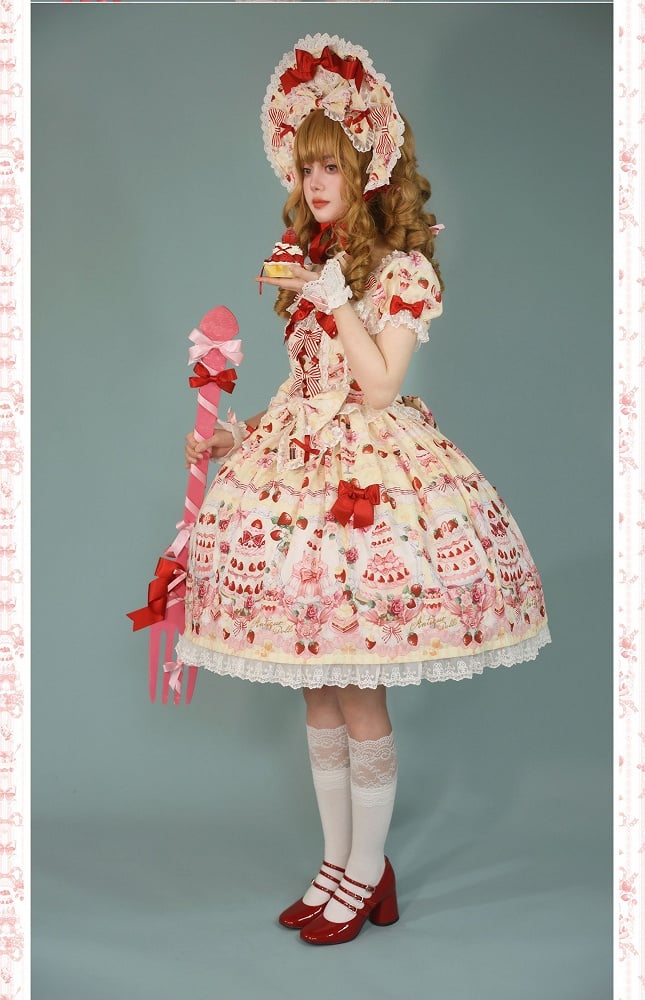Yellow Sweet Set Lolita Full Strawberry Accents / Dress Print Cake Bow