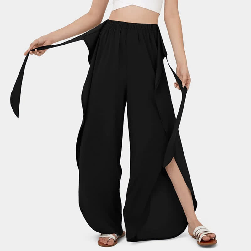 Lace Up Flowy Split Wide Leg Casual Pants