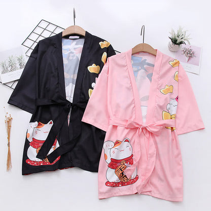 Cardigan imprimé lettre Lucky Cat Kimono Vêtements d'extérieur