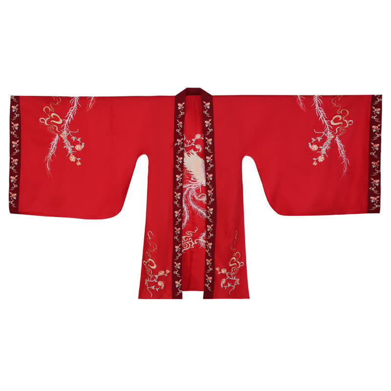 Red Phoenix Embroidery Tank Top Big Sleeve Cardigan Shirt Skirt Hanfu Set