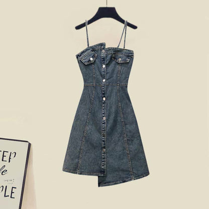 Irregular Hollow Out Sweater Denim Slip Dress modakawa