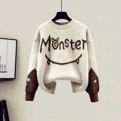 Monster Letter Sweater Fleece Vest Casual Pants Set