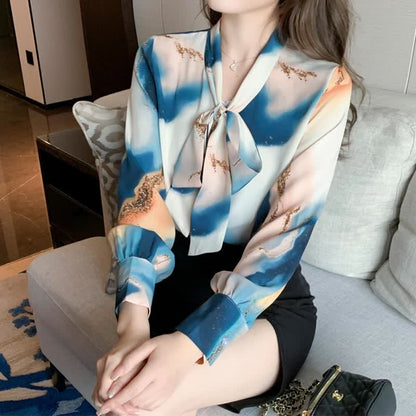 Colorblock Tie-dye Print Bowknot Lace Up Shirt