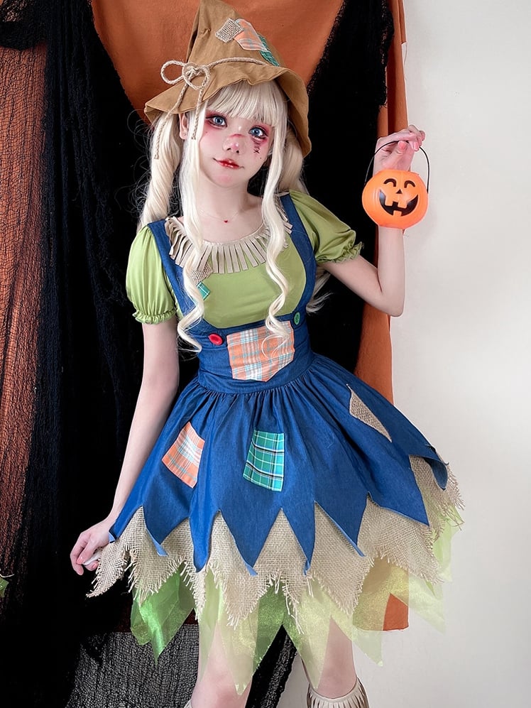 Halloween Green Blouse and Blue Dress Scarecrow Costume