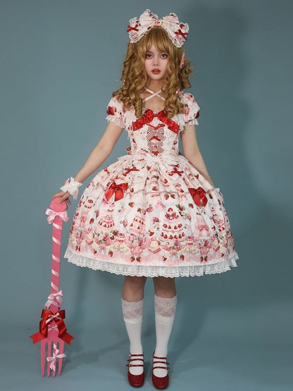 White Strawberry / Accents Sweet Set Dress Full Cake Print Lolita Bow