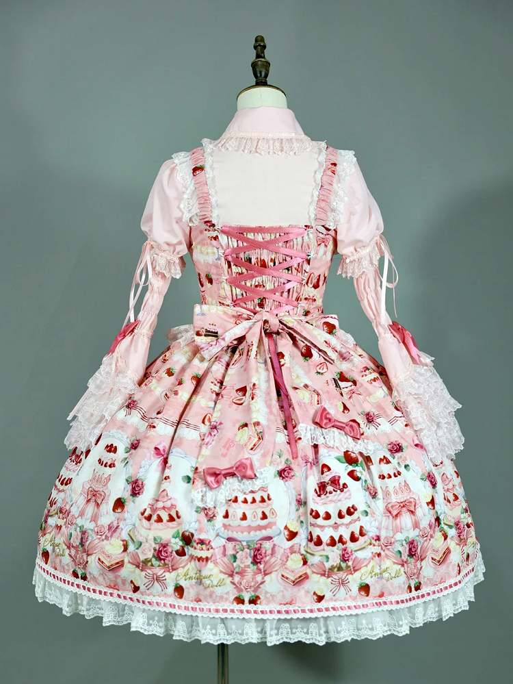Pink Strawberry and Print JSK Full / Bow Sweet Set Lolita Desserts Accents