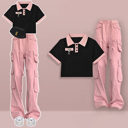 Vintage Love Heart Crop T-Shirt Pink Cargo Pants