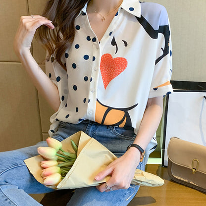 Heart Polka Dots Print Blouse Workwear