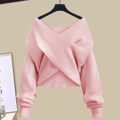 Pink Cross Knit Sweater Flouncing A-line Slip Dress Set