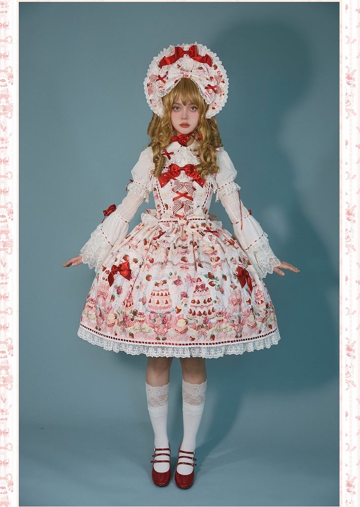 / Sweet Set Desserts Strawberry White Lolita JSK Print Bow and Full Accents