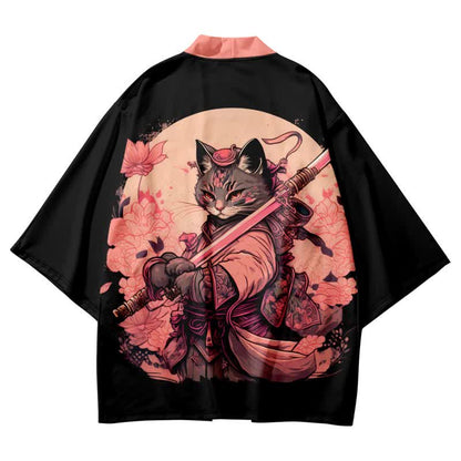 Cute Cat Warriors Print Cardigan Kimono Outerwear