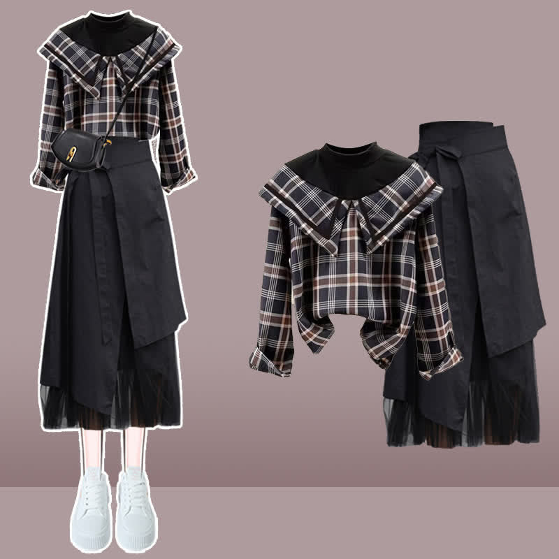 Plaid Shirt Irregular Lace Up Tulle Skirt