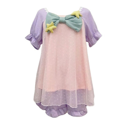 Square Collar Bowknot Mesh Mermaid Nightgown Pajamas Set