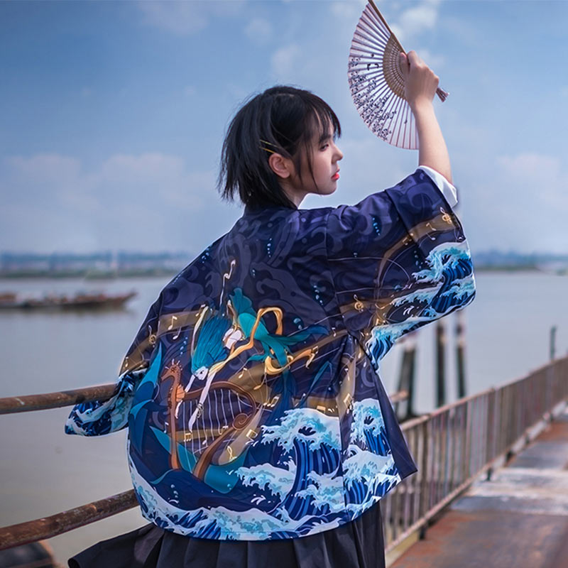 Anime Sea Print Loose Cardigan Kimono Outerwear