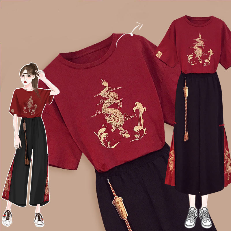 Vintage Dragon Embroidery T-Shirt Tassel Pants Set