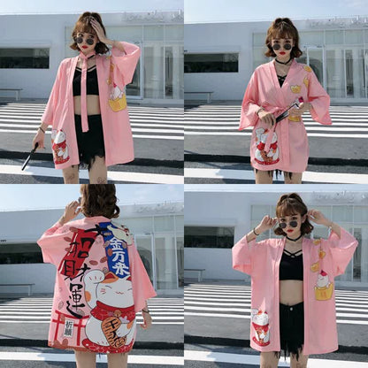 Cardigan imprimé lettre Lucky Cat Kimono Vêtements d'extérieur