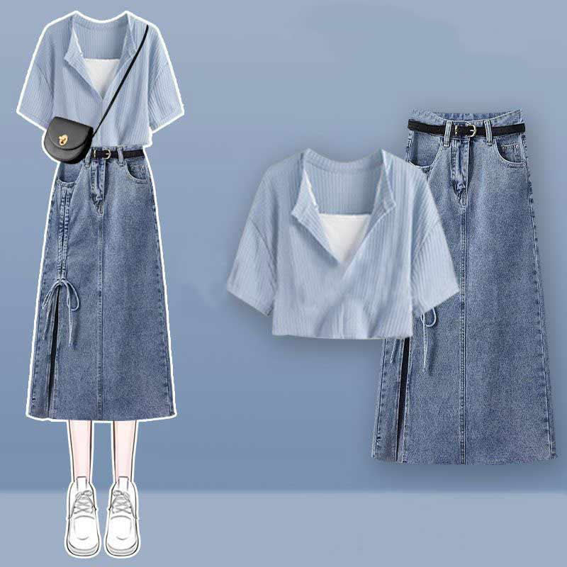 Fake Two Pieces Crop Top  T-Shirt Split Denim Skirt