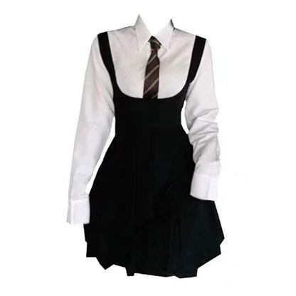 White Shirt Pleated Suspender Skirts Tie Set