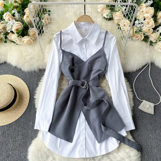 Irregular Belted Slip Dress Shirt Set