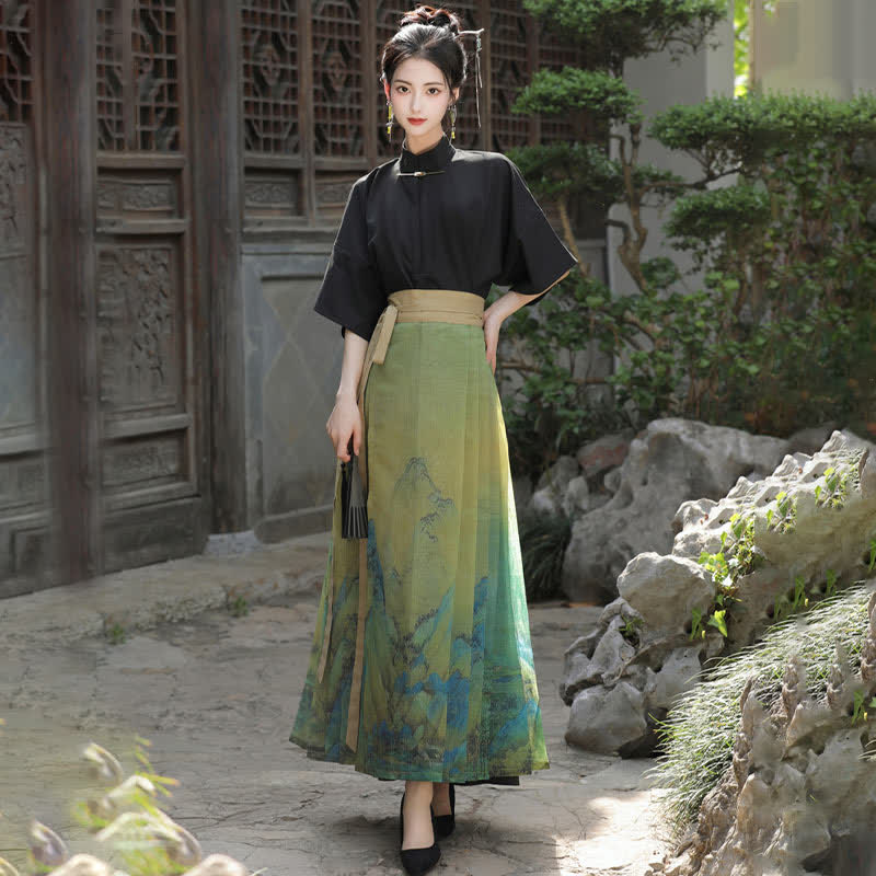 Vintage Buckle Shirt Mountain Print Pleated Skirt